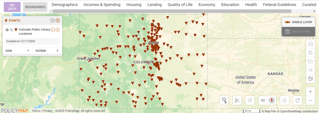 A map showing all Colorado public library locations