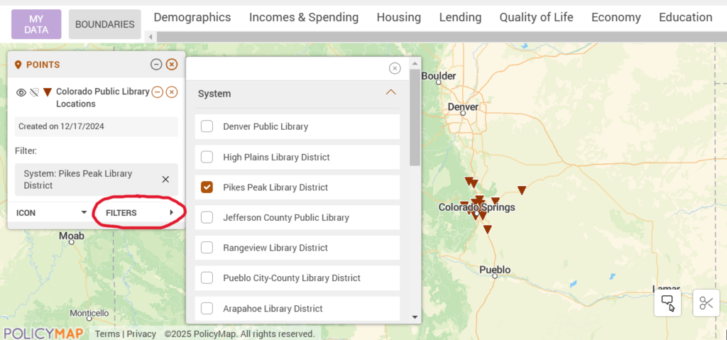 A map filtered to show Pikes Peak Library District locations