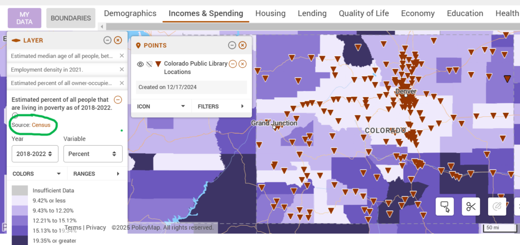 A map showing Colorado public library locations and shaded to show percent of people living in poverty